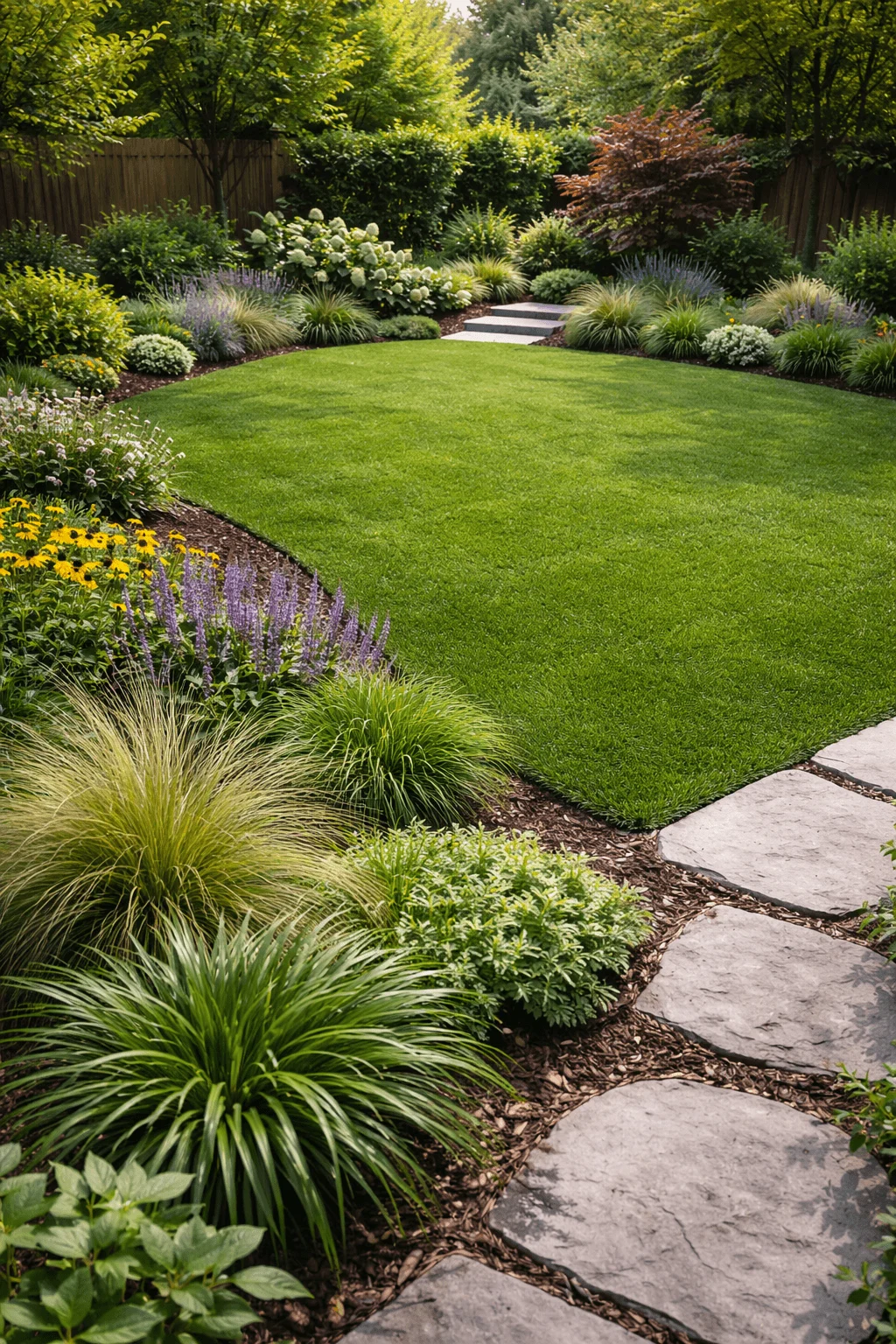 Modern backyard landscape featuring a central green lawn framed by layered perennial borders ornamental grasses flowering plants and a natural stone pathway leading to steps in a private garden setting