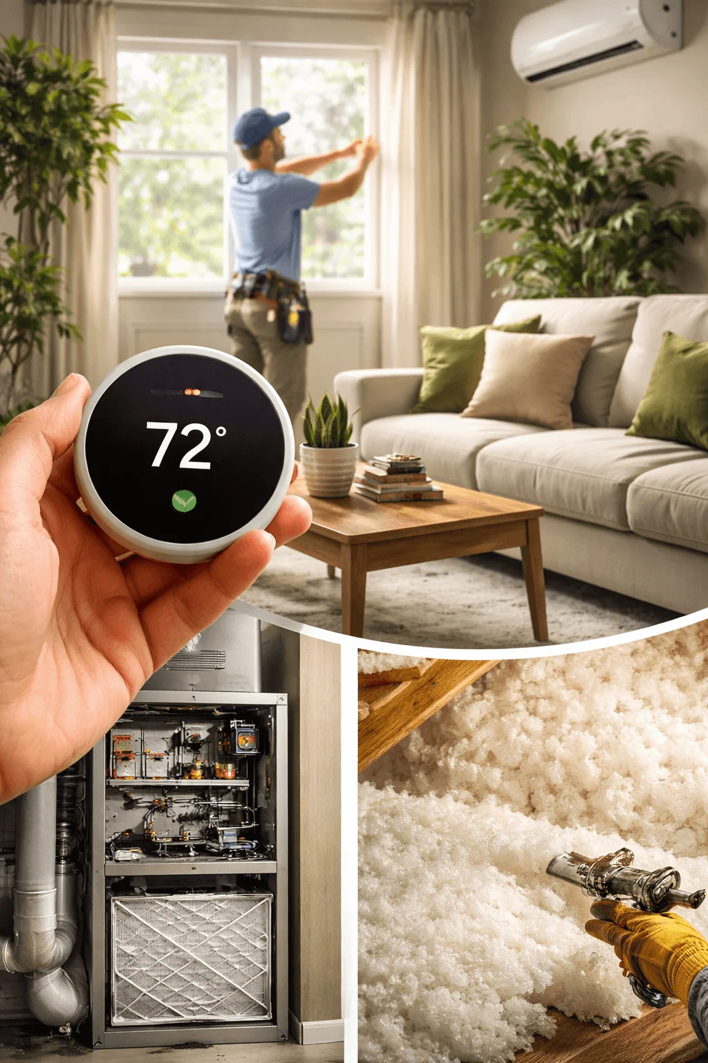 Collage showing home energy efficiency improvements including a smart thermostat, window sealing, HVAC maintenance, and attic insulation installation.