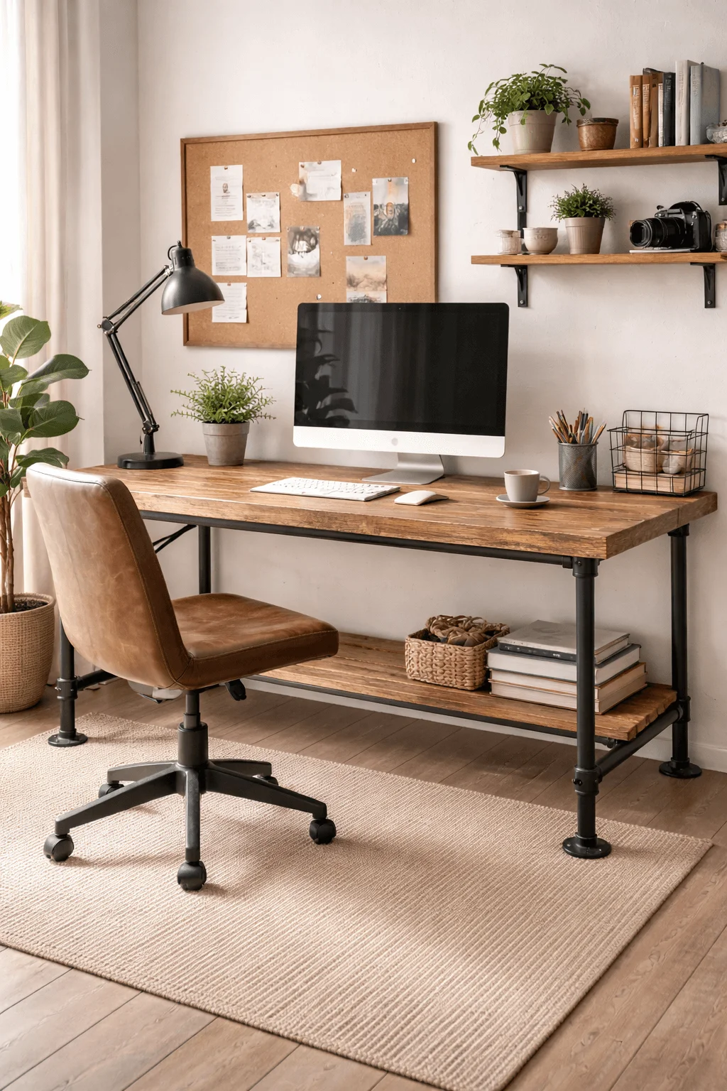Industrial style wooden desk with black metal pipe frame computer monitor desk lamp leather office chair wall shelves plants and workspace decor in a minimalist home office setting