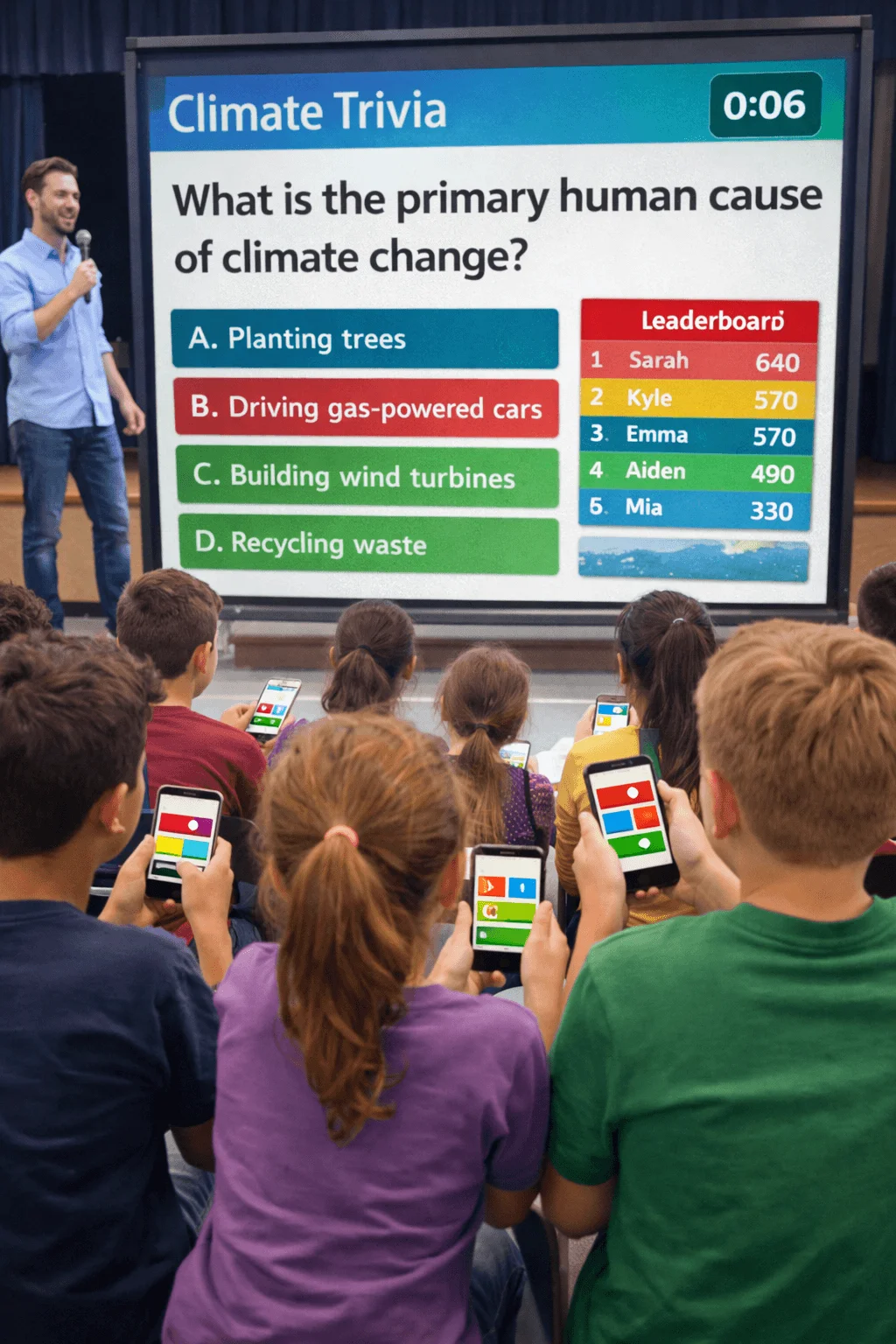 Students participating in an interactive climate trivia quiz using smartphones in a classroom.