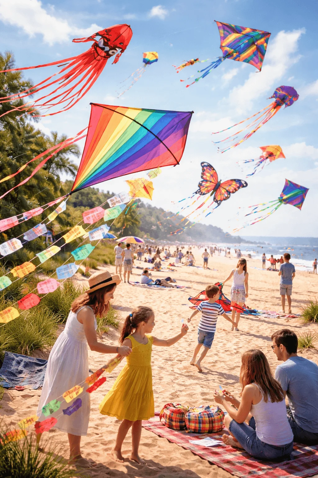 Colorful kites including rainbow diamond shapes octopus and butterfly designs flying over a sunny beach as families relax on blankets and children play in the sand near the shoreline