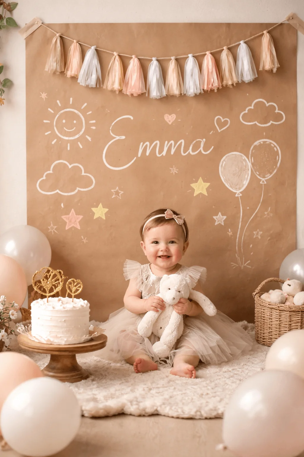 Baby girl sitting on a soft rug during a first birthday cake smash with a white cake on a wooden stand pastel balloons and a kraft paper backdrop decorated with tassel garland and chalk style drawings of sun clouds stars balloons and the name Emma while she holds a plush bunny and smiles at the camera