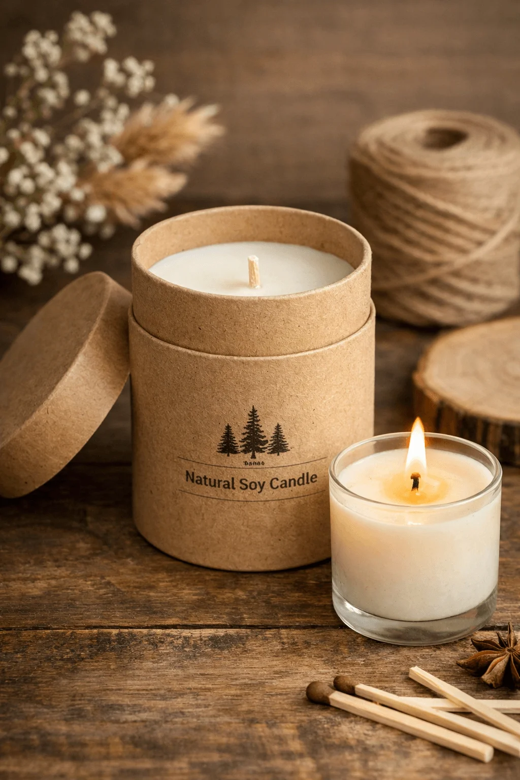Natural soy candle in eco friendly kraft paper cylinder packaging with a lid, displayed on a rustic wooden surface alongside a lit glass candle and twine