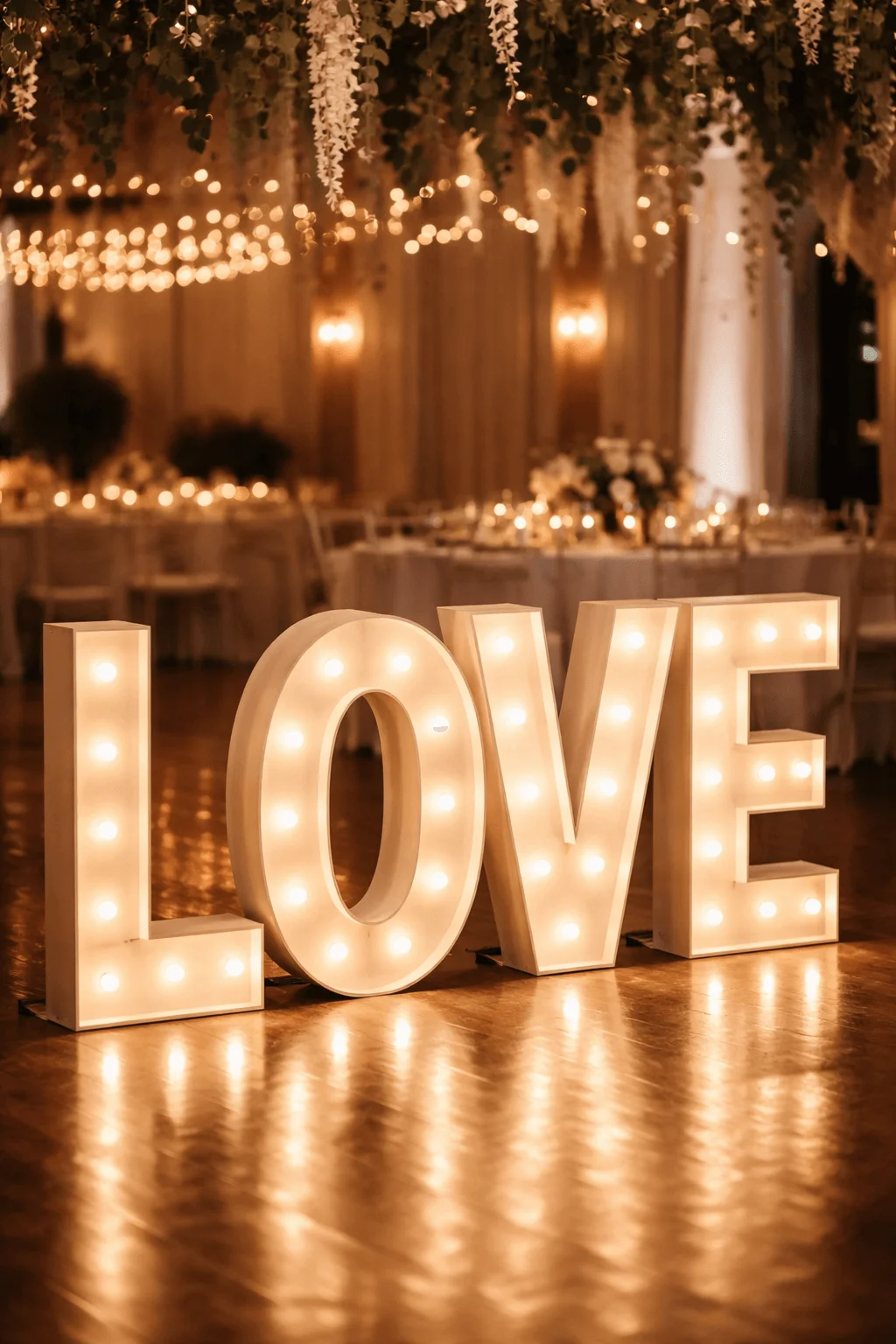 Large illuminated LOVE marquee letters glowing warmly on a polished wooden dance floor in an elegant reception hall with hanging greenery and soft string lights in the background