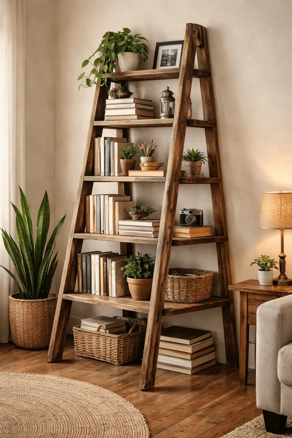 Upcycled wooden ladder bookshelf styled with books, plants, and decor in a warm, rustic living room interior.