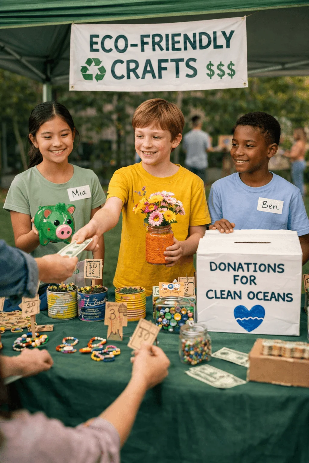 Three children running an outdoor eco friendly crafts stall under a canopy with a sign that reads Eco Friendly Crafts. They sell handmade items such as beaded bracelets and decorated plant pots while accepting money from a customer. A donation box labeled Donations for Clean Oceans sits on the table alongside jars of beads and small recycled craft products.