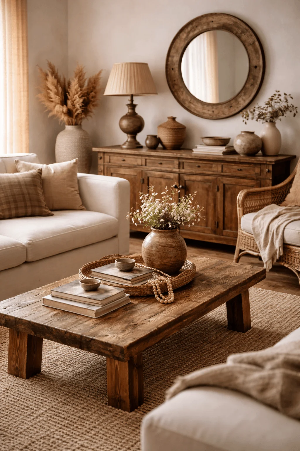 Warm eco friendly living room with reclaimed wood furniture vintage decor layered natural textures and soft earth tone accents creating a cozy sustainable atmosphere.