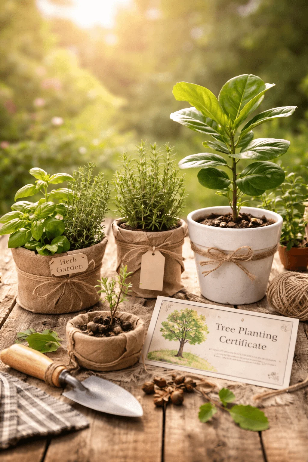 Living gift ideas with potted herbs young plant seedlings gardening tools and a tree planting certificate arranged on a wooden table in a sunny garden setting