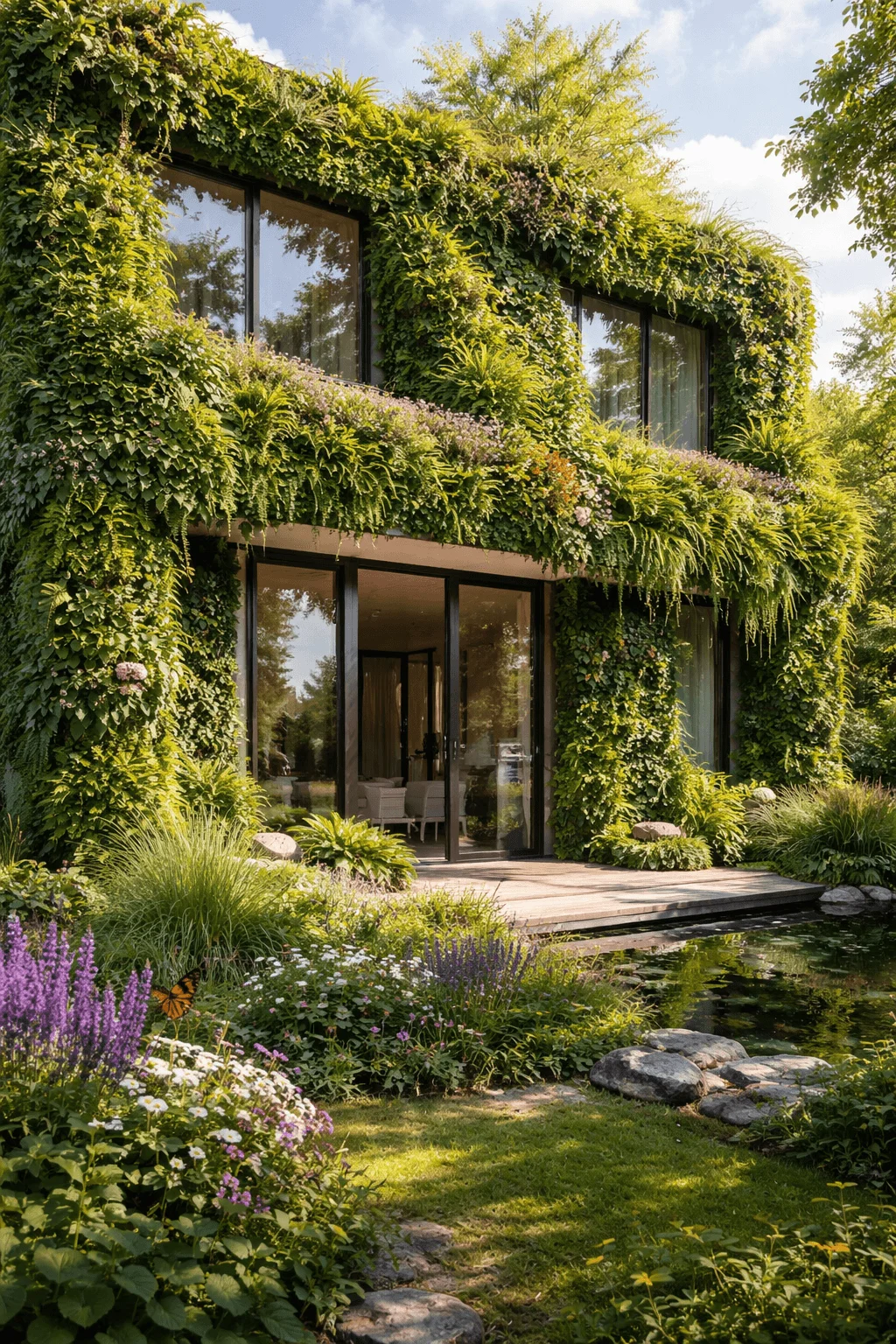 Modern eco friendly house exterior featuring living green walls covered with lush plants and vines, large glass windows for natural light, and a landscaped garden with flowers, stones, and a small pond that blends the home naturally into its surrounding environment.