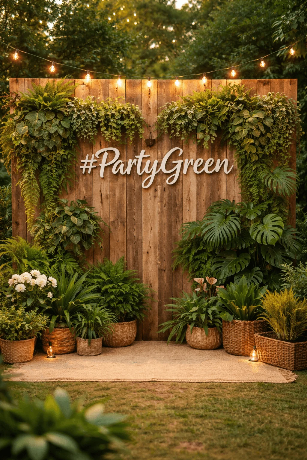 Outdoor photo backdrop made of a wooden wall decorated with lush green plants and string lights featuring the hashtag PartyGreen surrounded by potted plants and woven baskets in a garden setting