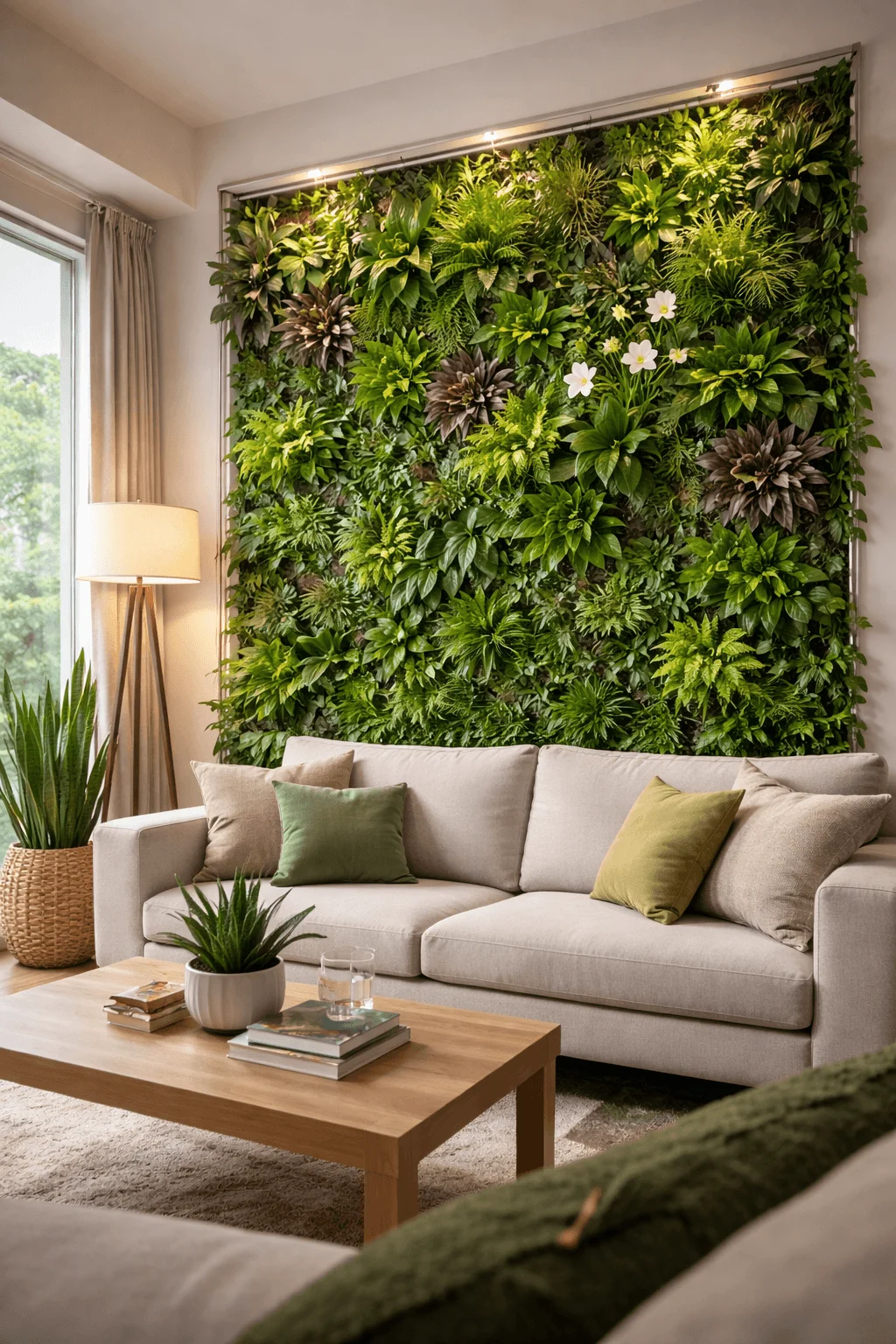A modern living room featuring a lush living wall (vertical garden) that brings nature indoors, improving air quality and creating a calming, biophilic interior design. The wall is filled with diverse plants and integrated lighting, complementing the neutral furniture and natural wood accents for a fresh, eco-friendly atmosphere.