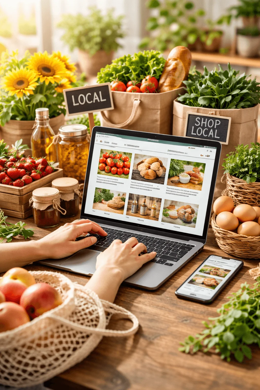 Person browsing a local online marketplace on a laptop surrounded by fresh produce, baked goods, and pantry items with signs promoting “Shop Local” and locally sourced products.