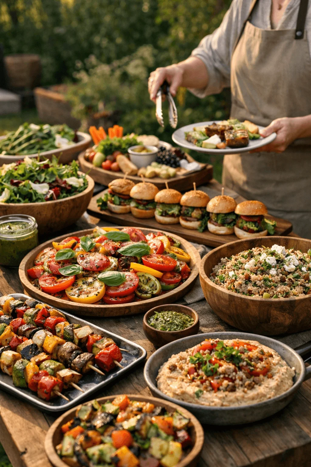 Outdoor plant forward buffet with colorful heirloom tomato salad grain salad vegetable skewers hummus roasted vegetables and sliders on wooden platters as a person serves food in a garden setting