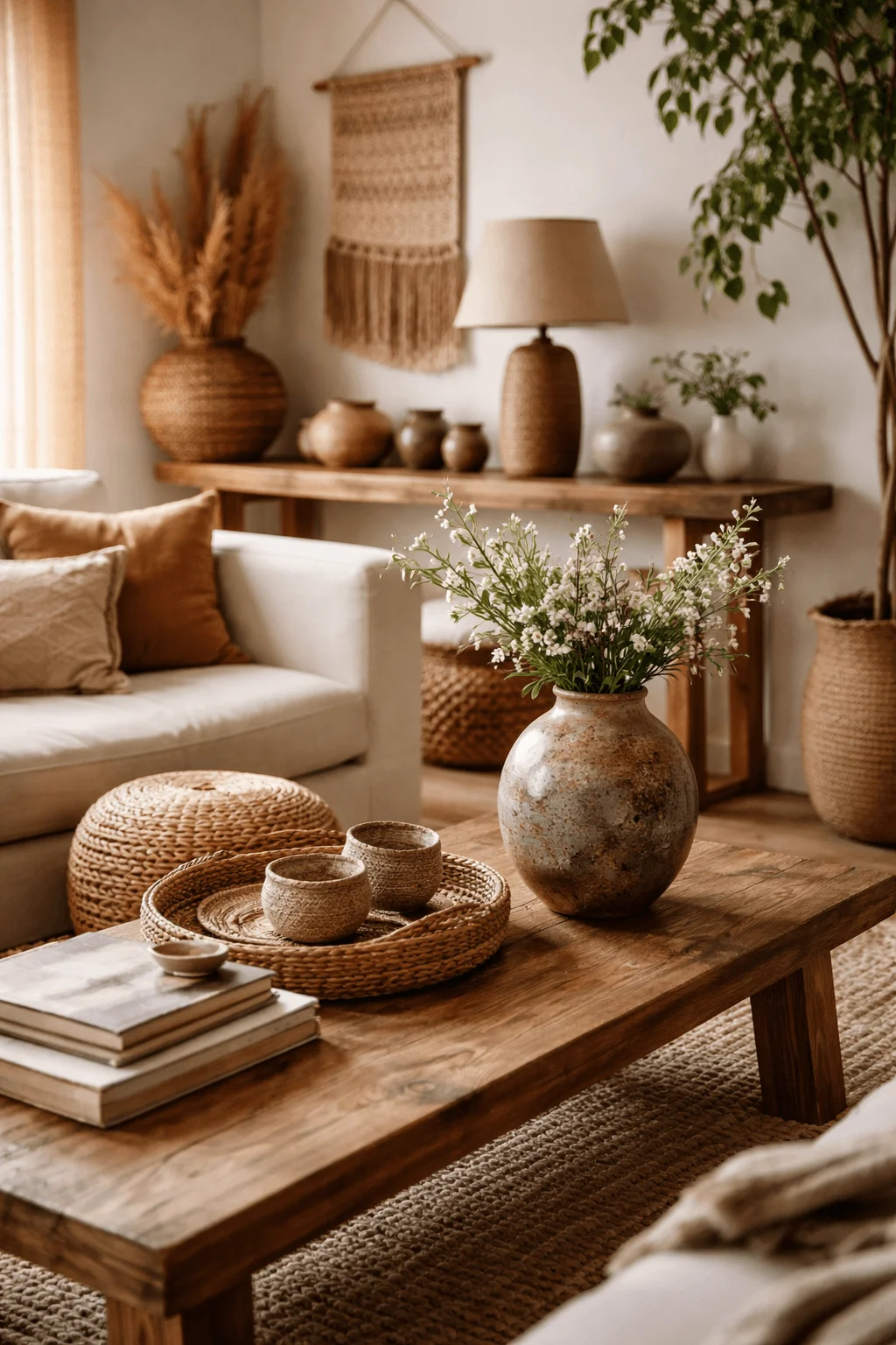 Cozy living room with locally made decor wooden coffee table handmade pottery woven textures indoor plants and warm neutral tones creating a natural inviting space.