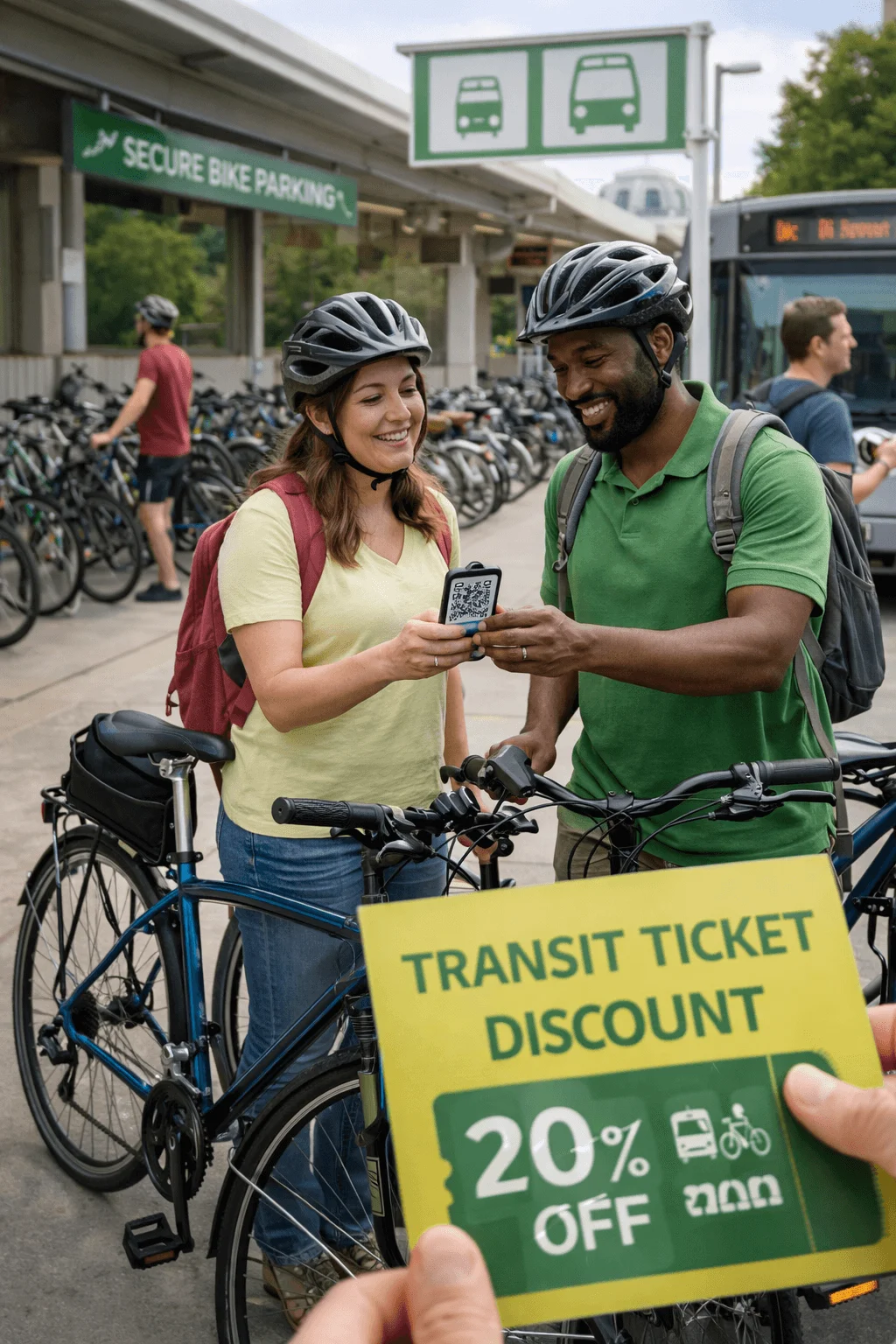 Cyclists wearing helmets scan a transit QR code near secure bike parking and a bus stop while holding a transit ticket discount sign promoting low carbon travel incentives and public transportation savings