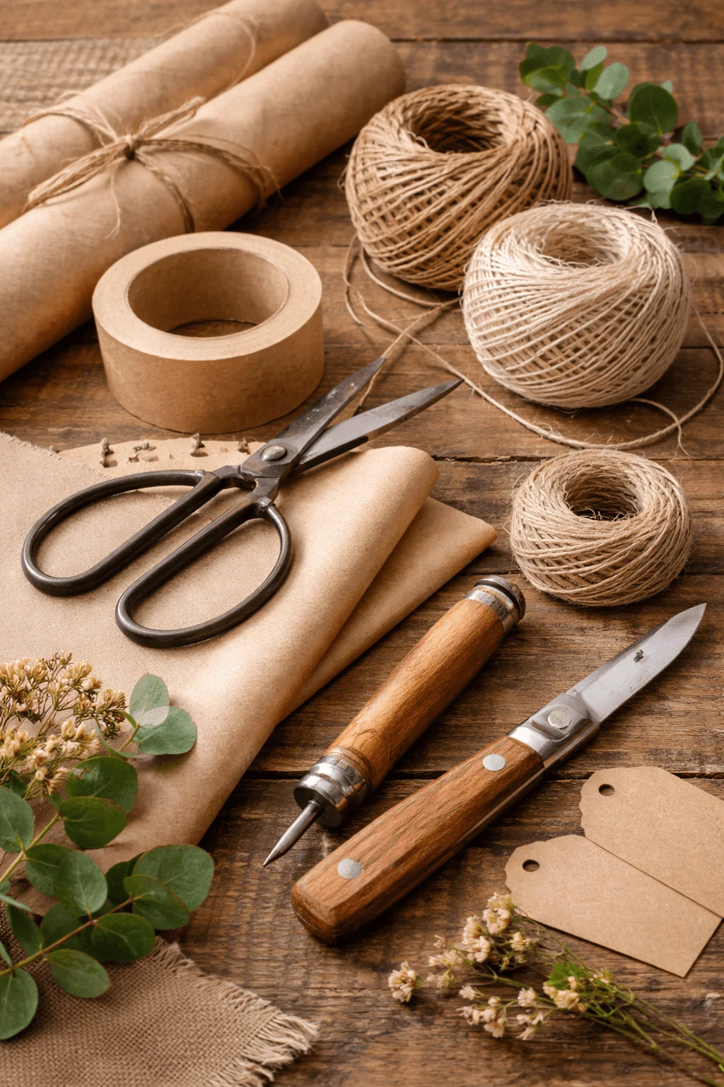 Low waste gift wrapping toolkit with kraft paper rolls natural twine scissors wooden handle knife paper tape and blank kraft tags arranged on a rustic wooden table with green leaves and dried flowers