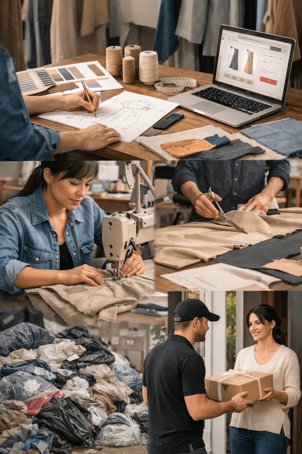 Made-to-order fashion production process illustrating a sustainable clothing workflow. The sequence shows a designer creating a garment concept digitally and by sketch, fabric cutting and sewing in a small-scale workshop, reduced textile waste compared to mass production, and direct delivery of a finished custom-made garment to the customer. This approach highlights on-demand manufacturing that minimizes overproduction and promotes responsible fashion consumption.