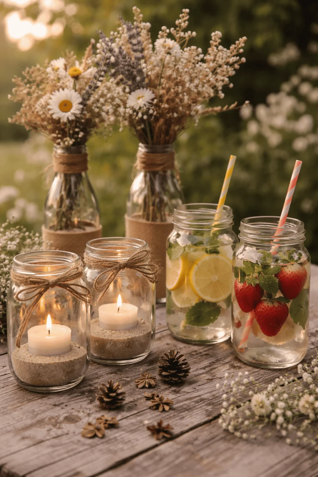 Rustic outdoor table decorated with mason jars holding lit candles set in sand glass jars filled with lemon strawberry and mint infused drinks with striped paper straws and glass bottles wrapped in twine containing wildflowers in warm sunset light