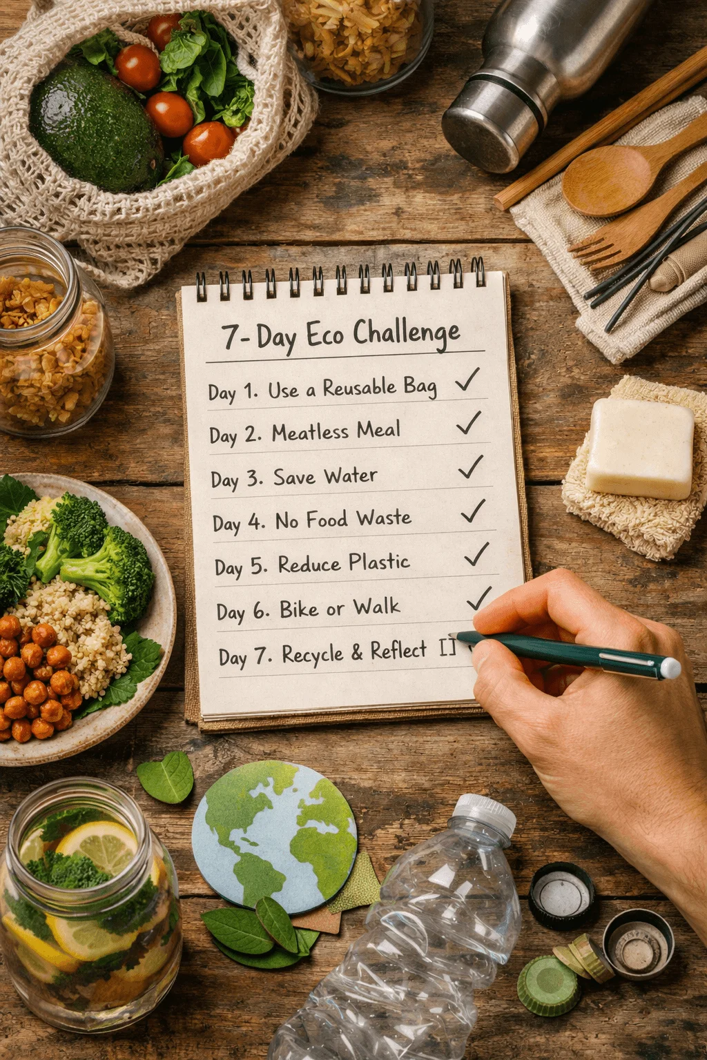 Notebook listing a 7-day eco challenge with sustainable habits like using reusable bags, saving water, reducing plastic, and recycling, surrounded by eco-friendly items and food.