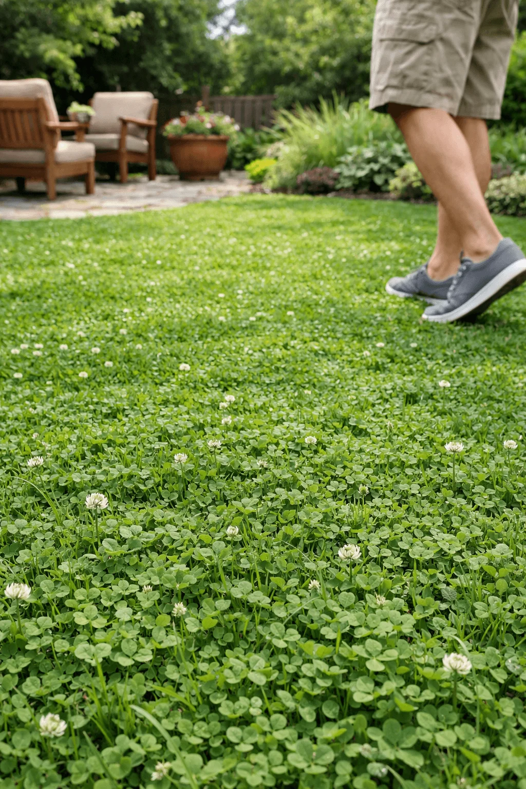 Person walking across a lush microclover lawn with small white blossoms in a backyard garden with patio furniture in the background