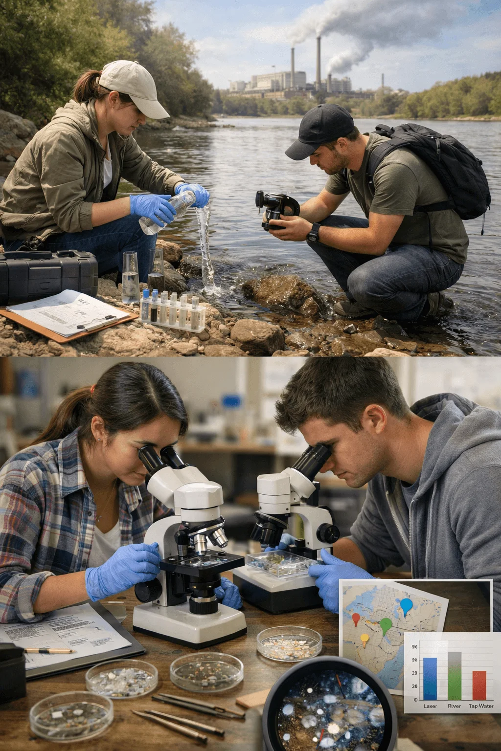 Researchers collecting river water samples near an industrial area with smokestacks in the background and later analyzing microplastic particles under microscopes in a laboratory with petri dishes maps and data charts showing water source comparisons