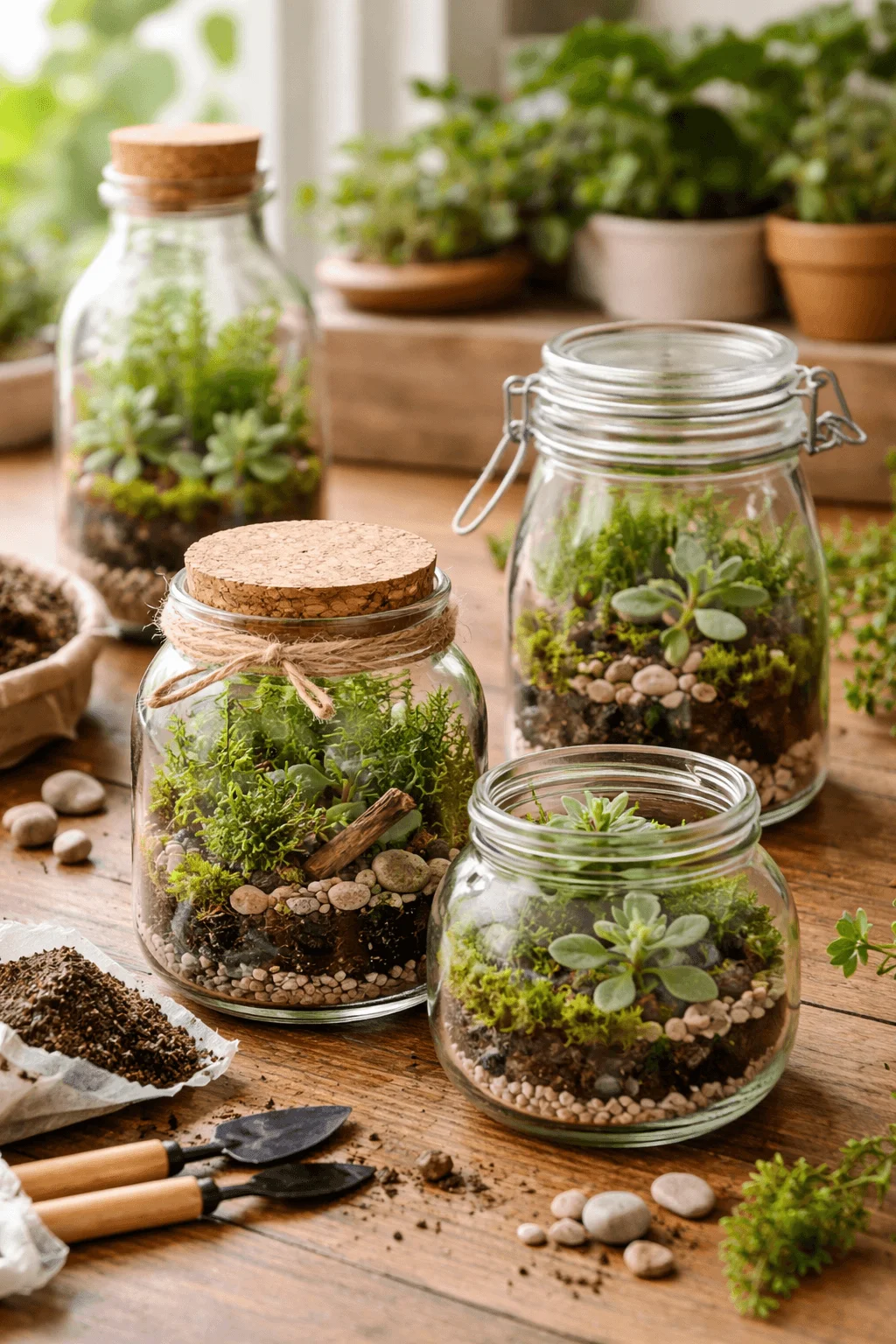 Mini terrariums made in recycled glass jars with small plants, moss, and pebbles arranged on a wooden table with gardening tools.