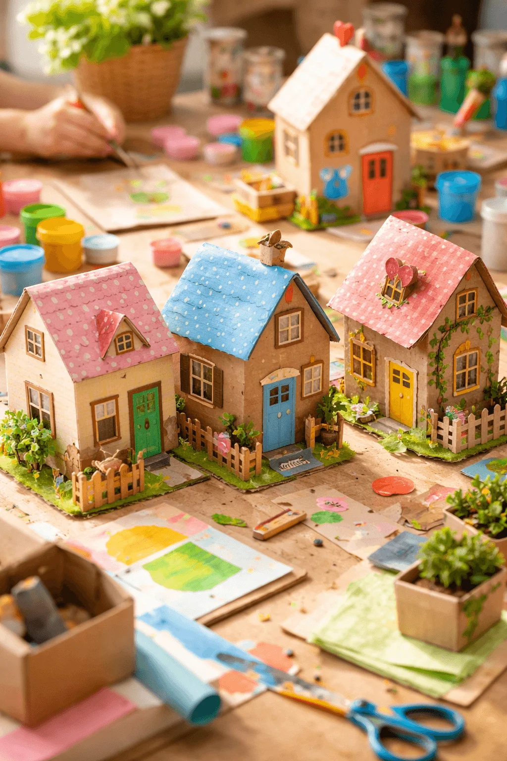 Children creating miniature houses from recycled cardboard and craft materials decorated with colorful roofs tiny fences plants and painted details while art supplies and paints are spread across a creative craft table.