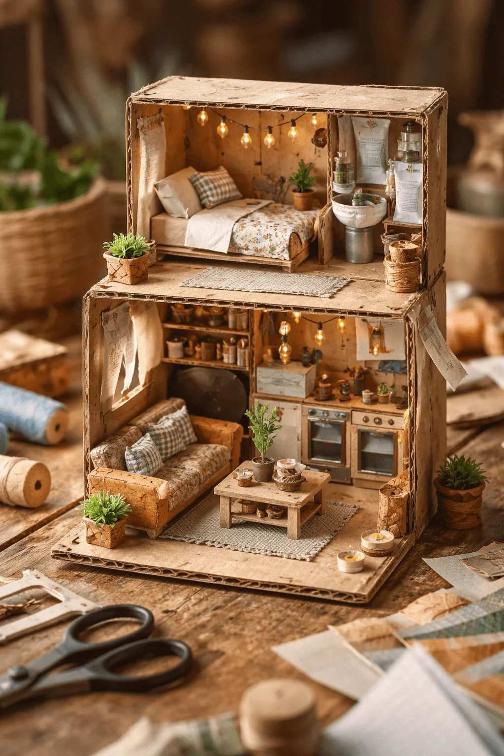 Miniature dollhouse made from recycled cardboard with detailed rooms including a bedroom, living area, and kitchen, decorated with tiny furniture, plants, and warm string lights.