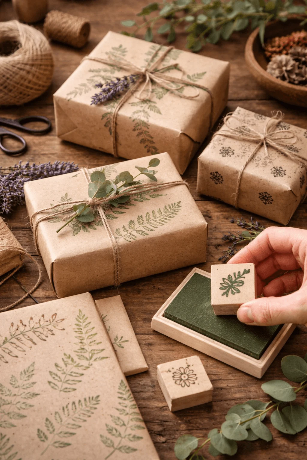 Hand stamping botanical patterns on kraft paper wrapped gifts tied with twine surrounded by eucalyptus leaves lavender sprigs and simple craft tools on a rustic wooden table