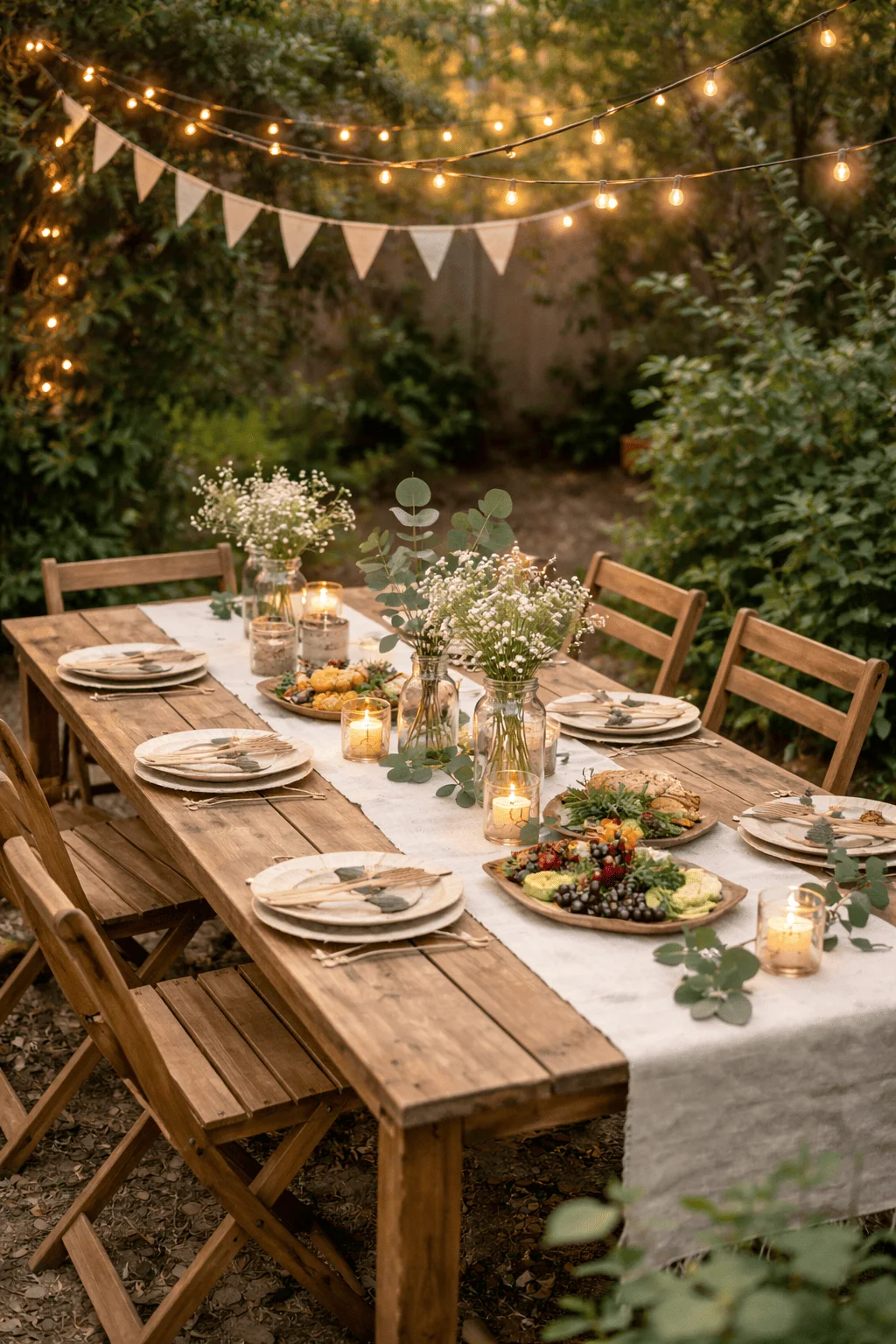 Rustic wooden outdoor dining table set for a garden dinner with neutral linen runner simple ceramic plates wooden cutlery glass jars filled with baby’s breath and eucalyptus lit candles platters of fruits and appetizers and warm string lights hanging above in a leafy backyard setting