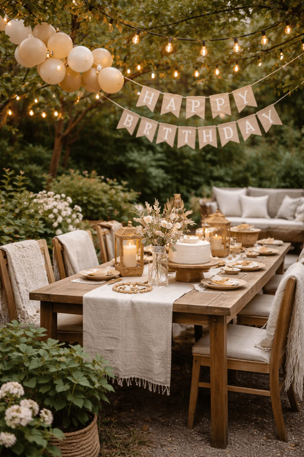 Outdoor birthday setup with a long wooden dining table styled in neutral tones featuring a simple white cake candles woven lanterns linen table runner soft cushions and a happy birthday bunting under warm string lights and balloons in a lush garden setting