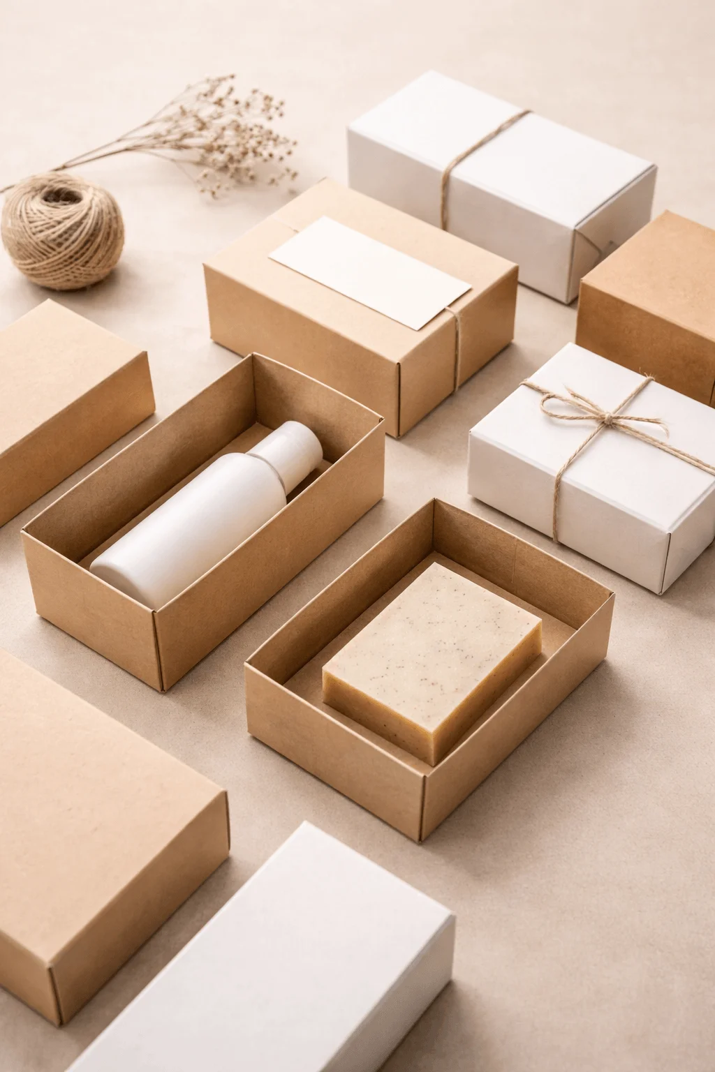 Minimalist packaging boxes in neutral tones with clean design, showcasing simple kraft and white boxes used for products like soap and bottles