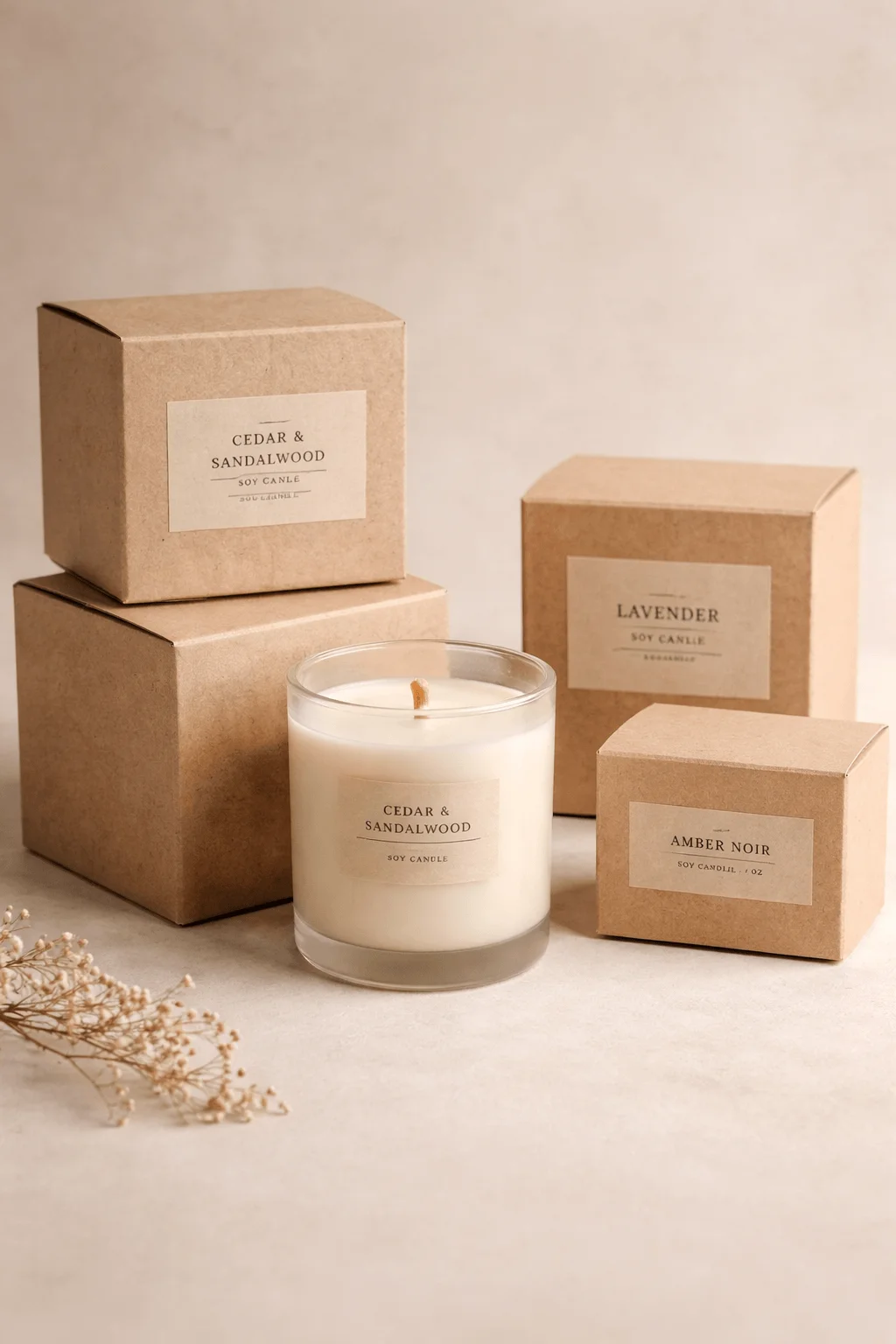 Minimalist soy candle displayed with simple recycled cardboard boxes and neutral labels in a clean, natural setting