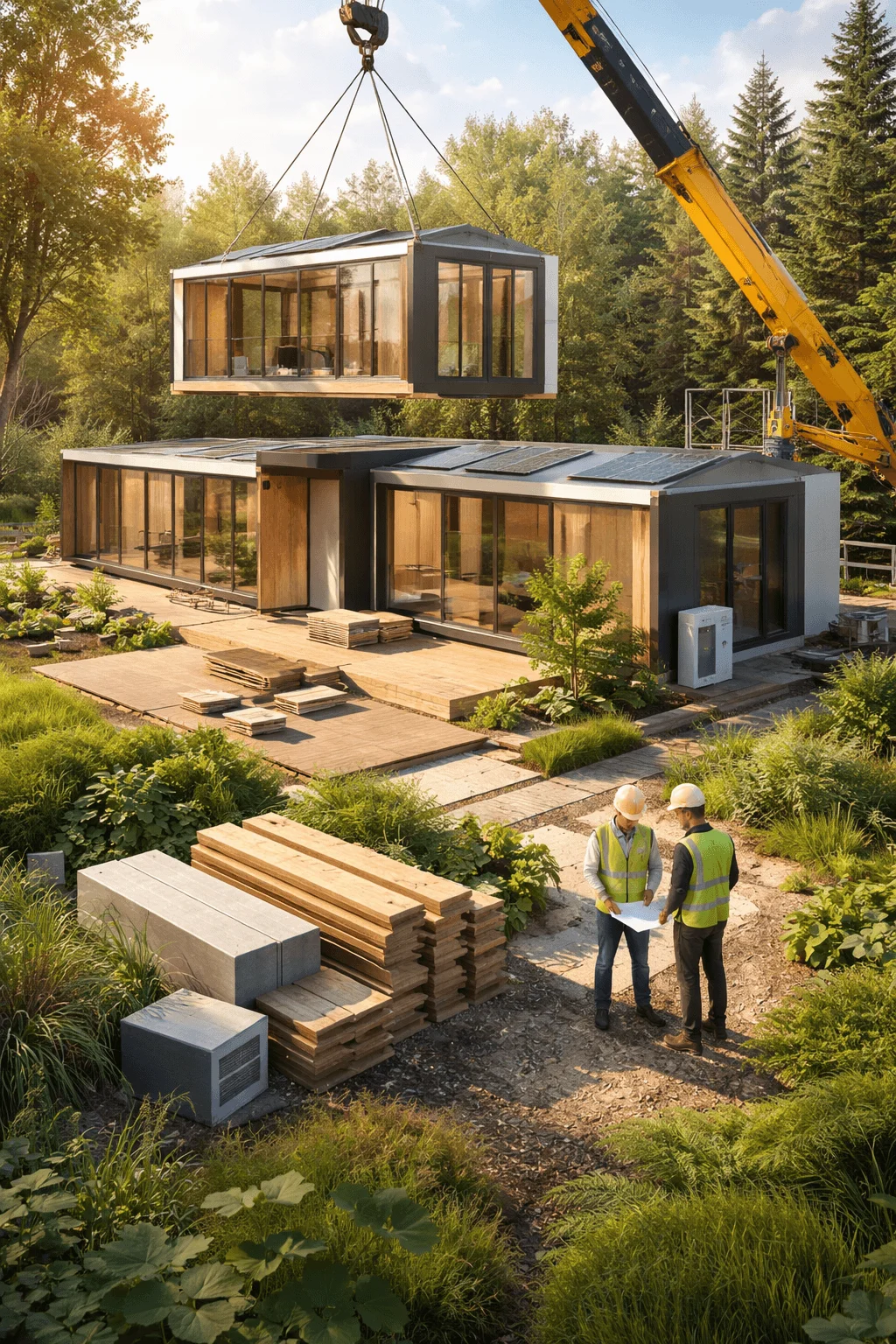 Modular eco home installation with prefabricated units being assembled on a sustainable construction site.