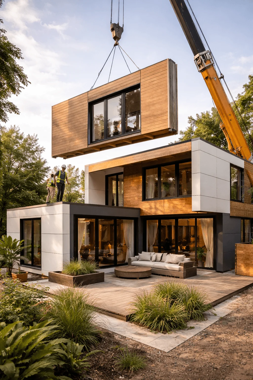 Crane installing modular prefabricated exterior panel onto a modern home, demonstrating efficient sustainable construction with factory-built building components.