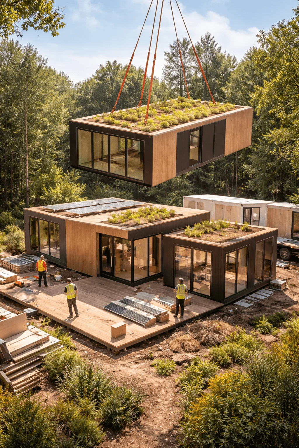 Modular and prefabricated eco homes being assembled with crane-lifted modules, green roofs, and sustainable construction in a forest setting.