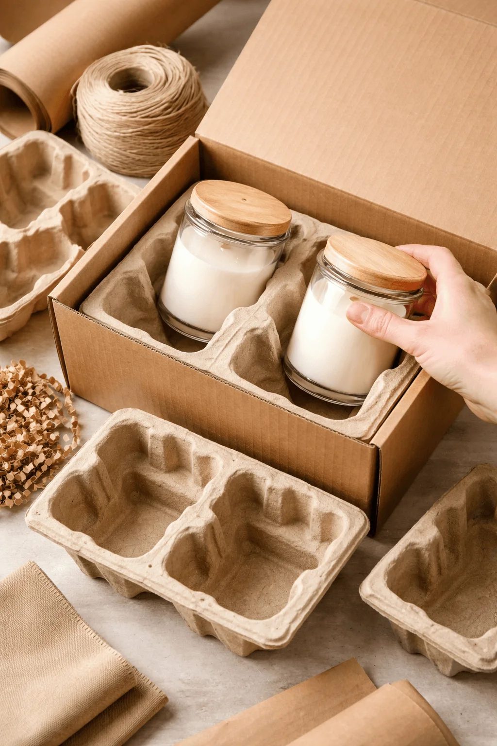 Candles secured in a cardboard box using molded pulp inserts for eco friendly protective packaging, with packing materials arranged on a clean workspace