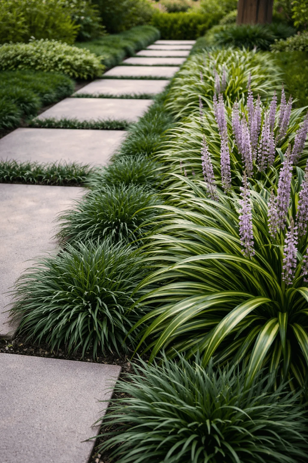 Modern garden pathway with large concrete stepping stones bordered by lush mondo grass and blooming lilyturf plants with tall purple flower spikes