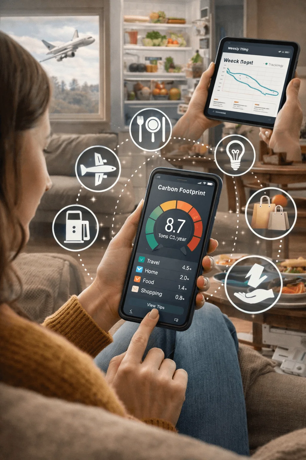 Person using a smartphone app to track personal carbon footprint with icons representing travel, food, energy, and shopping impacts.