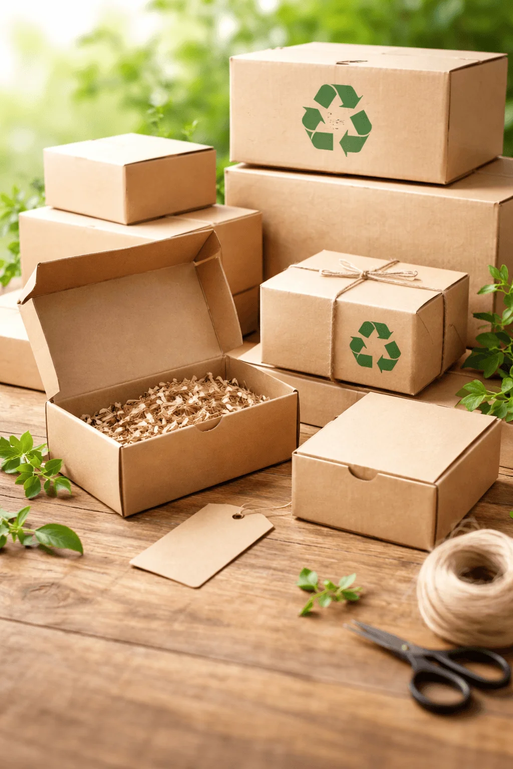 Mono material packaging boxes made entirely from recyclable cardboard, featuring simple designs with recycling symbols and minimal eco friendly packaging elements
