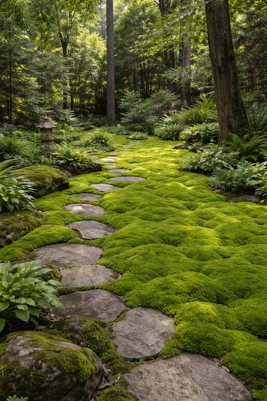 Stone stepping path winding through a lush moss covered garden beneath tall trees with ferns and a small stone lantern in a serene woodland setting