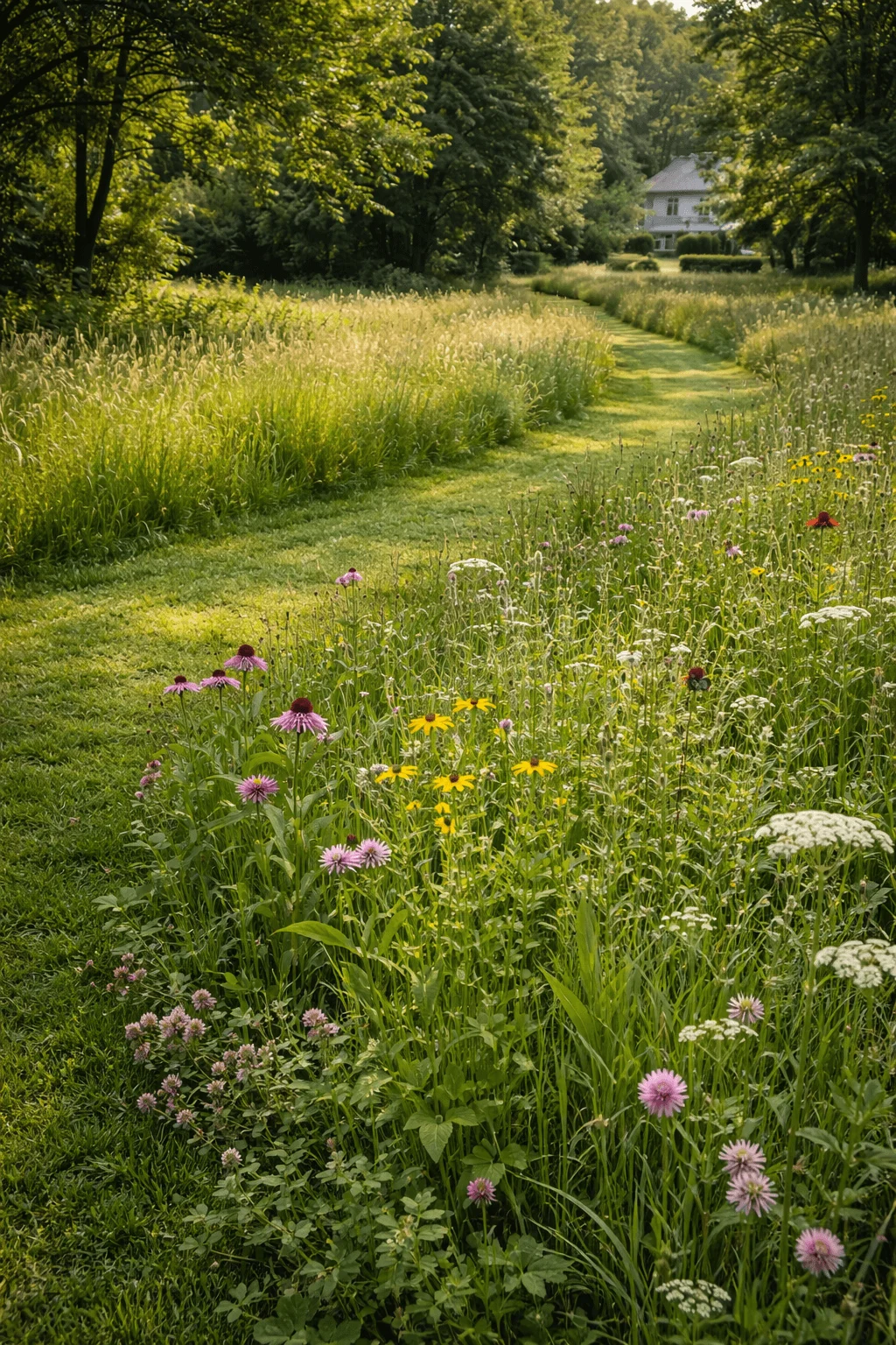 Mown meadow landscape with a neatly cut grassy path winding through tall native grasses and colorful wildflowers leading toward a house surrounded by mature trees in soft summer light