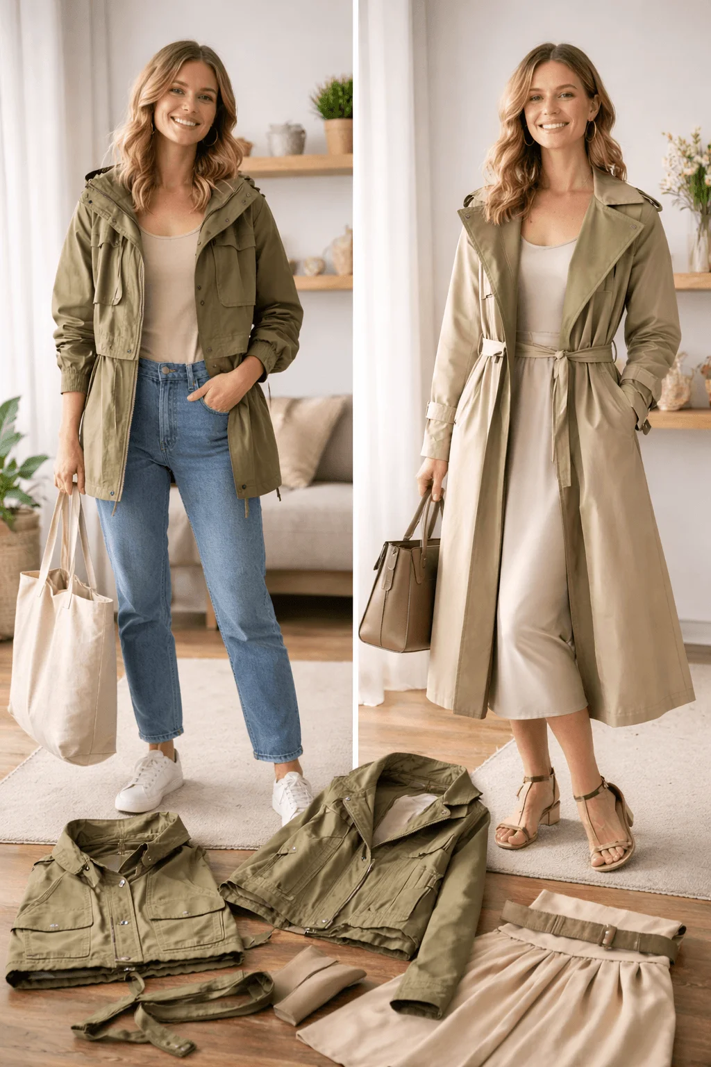 Collage showing a multifunctional jacket that transforms into different styles, including a casual cropped jacket with jeans and a belted trench-style dress, with detachable garment components displayed below to illustrate modular clothing design.