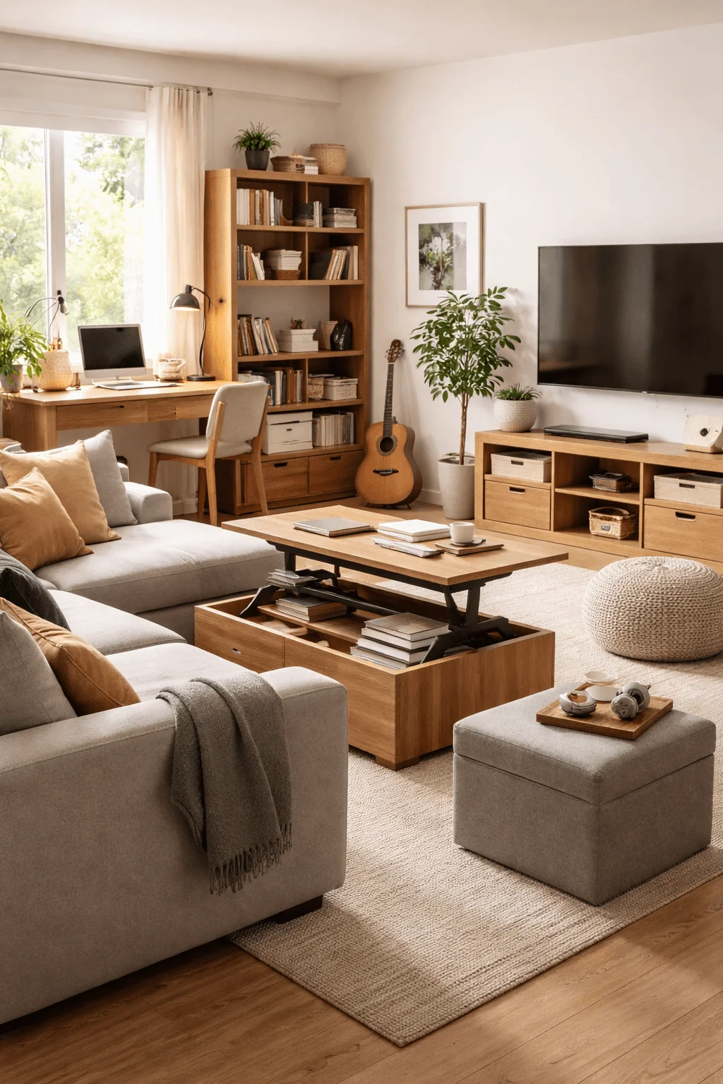 Multifunctional living room with workspace wooden furniture neutral sofa storage coffee table bookshelf indoor plant and television creating a practical organized modern space.