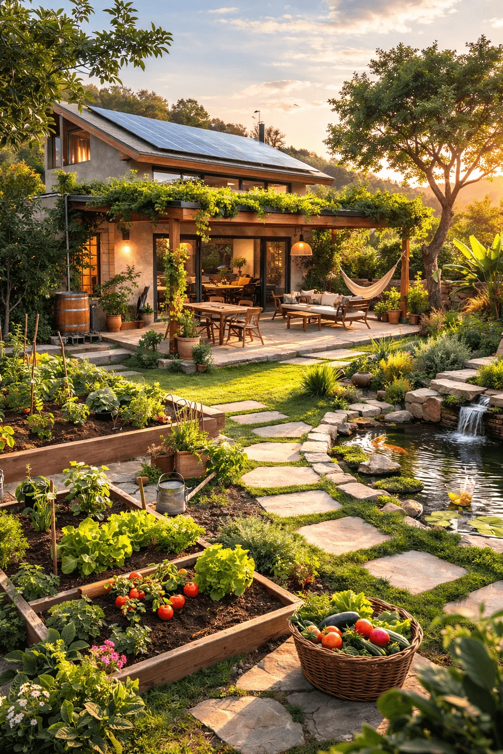 A multifunctional outdoor eco space that blends sustainable living with nature, featuring a solar-powered home, a productive vegetable garden, rainwater-fed pond, and a shaded outdoor living area for relaxation and dining. The design integrates food production, water management, and comfortable outdoor living into one harmonious, eco-friendly landscape.