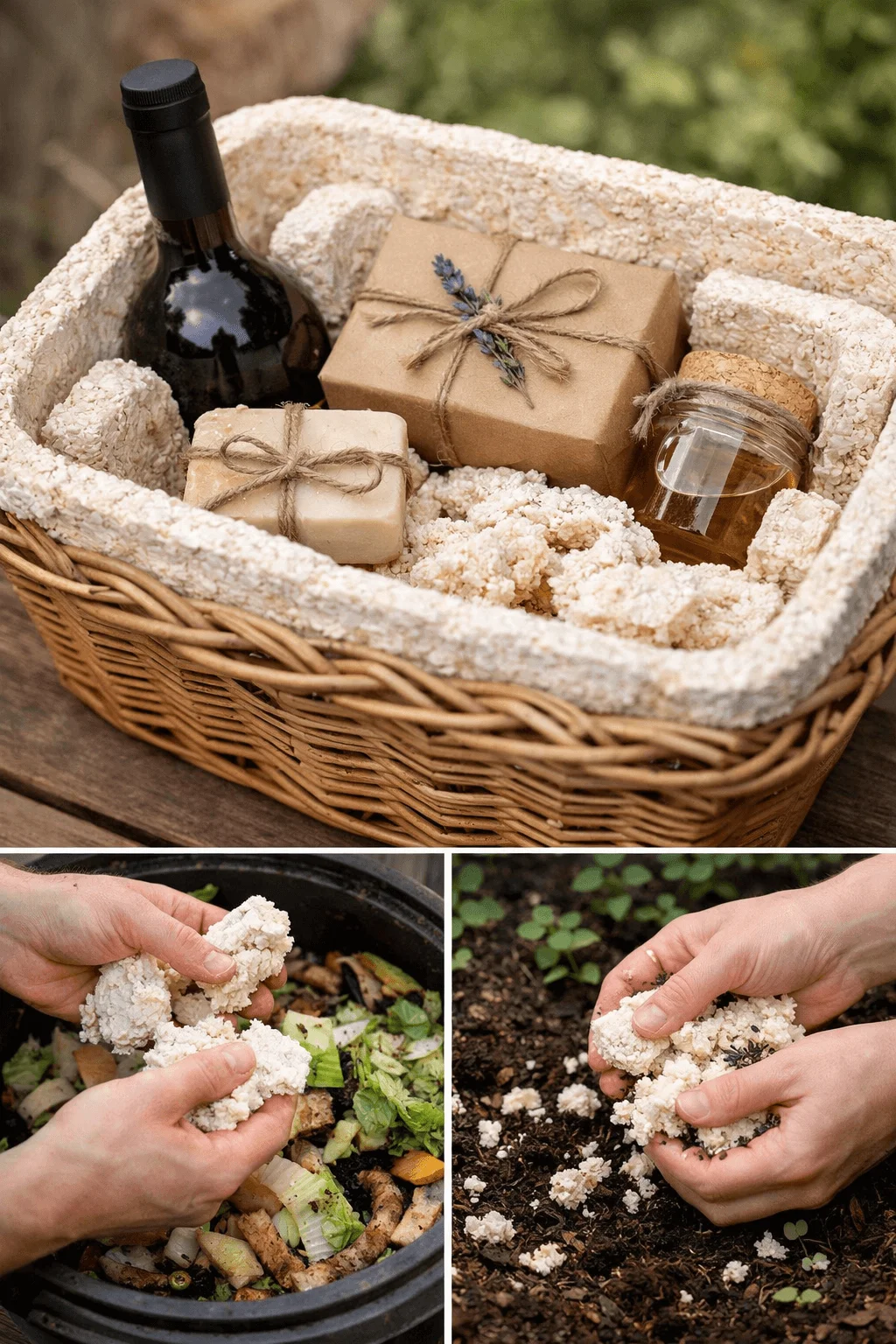 Gift basket packed with wine soap honey and wrapped gifts cushioned with mushroom based biodegradable packaging with hands later composting the material and mixing it into garden soil