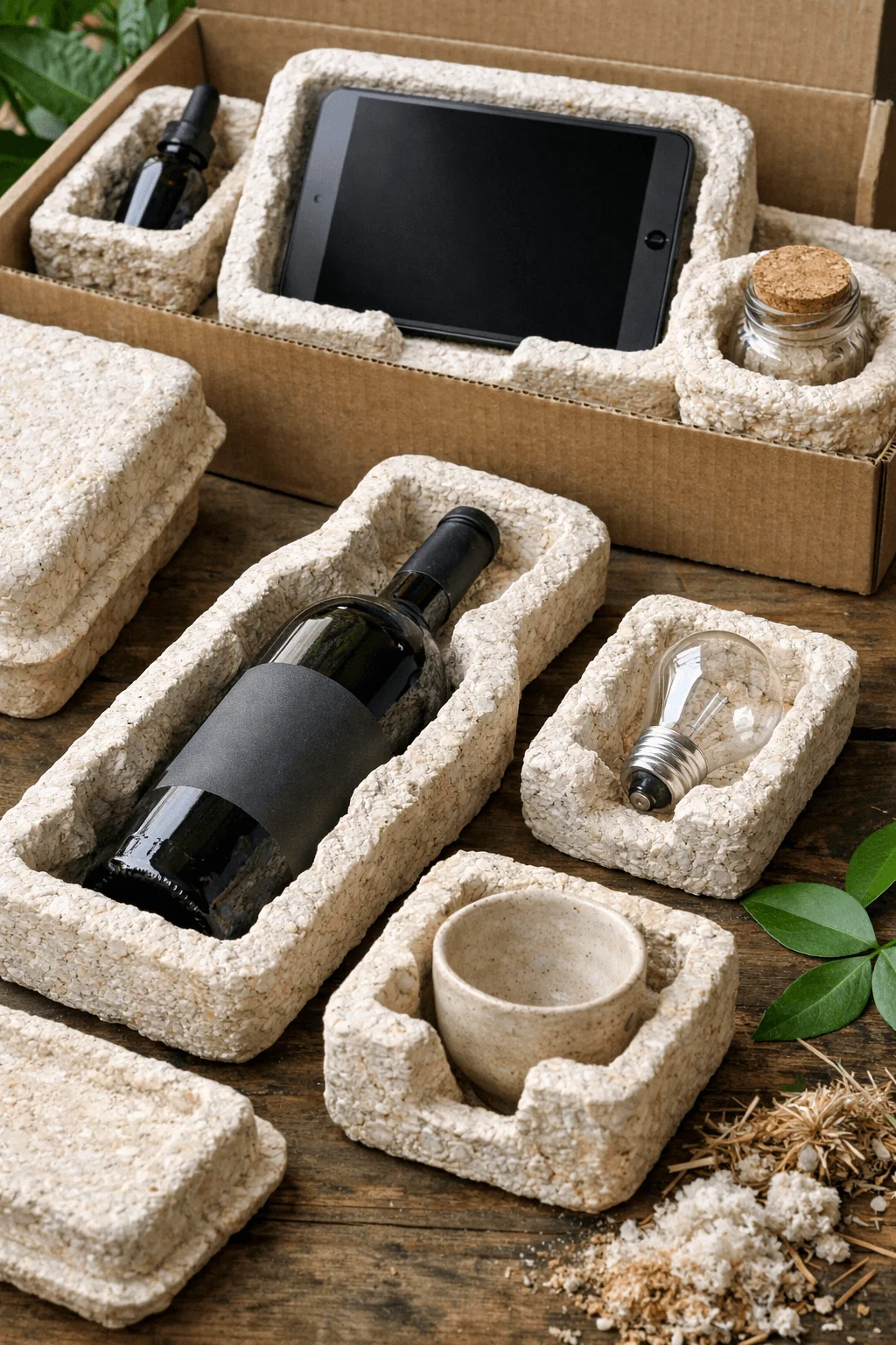 Mushroom based packaging inserts designed to protect fragile items, shown holding bottles, electronics, and glassware in biodegradable molded forms