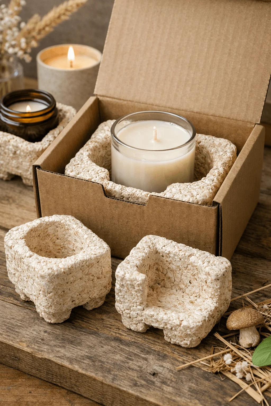 Candle packaged in a cardboard box with biodegradable mushroom based protective inserts on a rustic wooden surface
