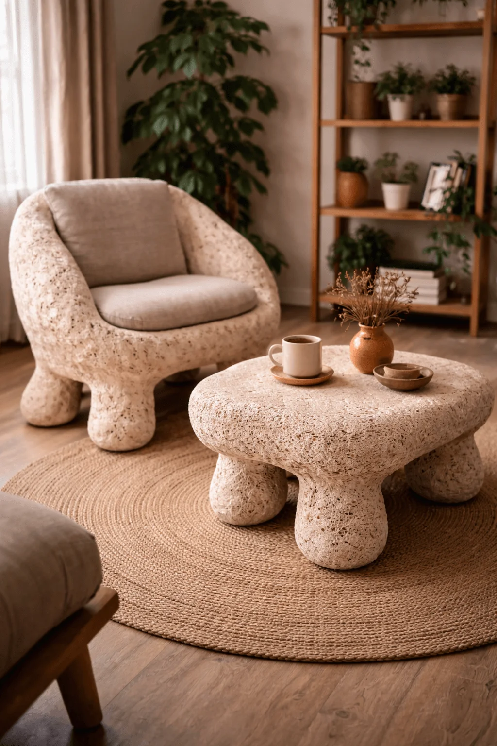 Organic shaped eco friendly living room furniture made from natural textured material with rounded chair and coffee table on a woven rug with plants and wooden shelves in the background