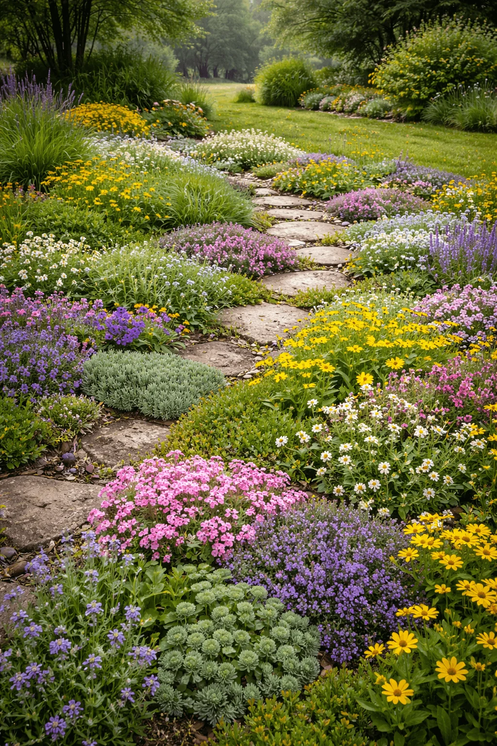 Lush garden pathway with natural stepping stones winding through dense native perennial groundcover featuring colorful blooms in pink purple white and yellow surrounded by ornamental grasses and layered planting in a vibrant cottage style landscape